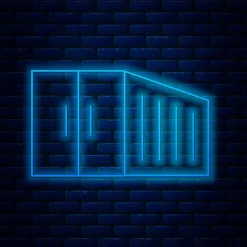 Glowing neon line Container icon isolated on brick wall background. Crane lifts Illustrazione stock