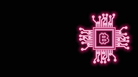 Glowing neon line CPU mining farm icon isolated on black background. Bitcoin Stock Footage 140818182