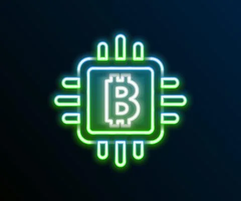 Glowing neon line CPU mining farm icon isolated on black background. Bitcoin Stock Illustration