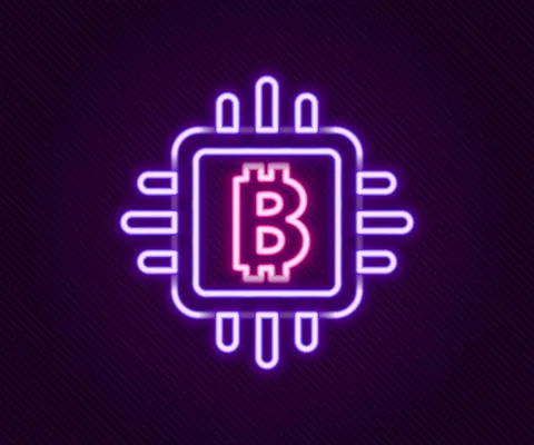 Glowing neon line CPU mining farm icon isolated on black background. Bitcoin Stock Illustration