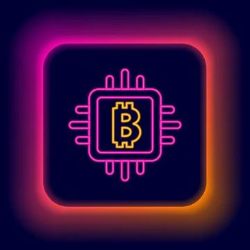 Glowing neon line CPU mining farm icon isolated on black background. Bitcoin 스톡 일러스트