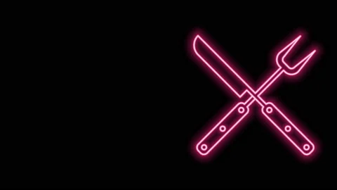 Glowing neon line Crossed fork and knife icon isolated on black background. BBQ Stock Footage 140885637