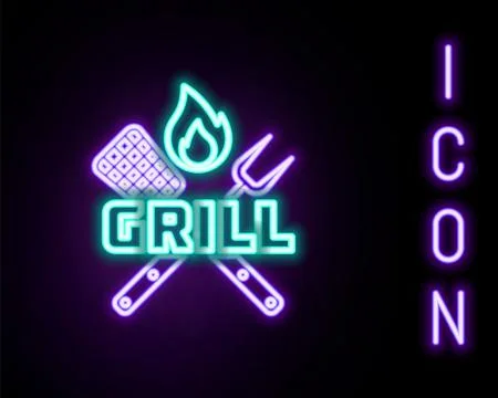 Glowing neon line Crossed fork and spatula icon isolated on black backgroun.. Stock Illustration