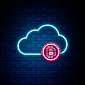 Glowing neon line Cryptocurrency cloud mining icon isolated on brick wall Illustrazione stock