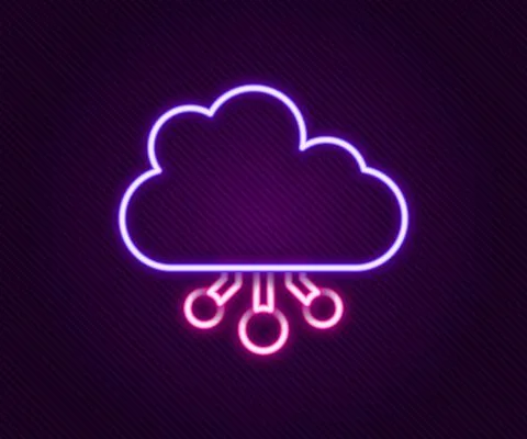 Glowing neon line Cryptocurrency cloud mining icon isolated on black background Stock Illustration