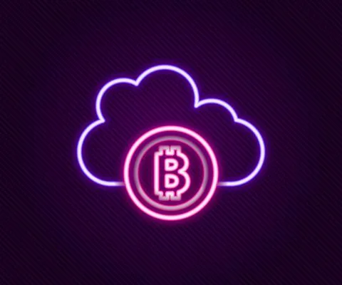 Glowing neon line Cryptocurrency cloud mining icon isolated on black background Illustrazione stock