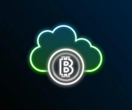 Glowing neon line Cryptocurrency cloud mining icon isolated on black backgr.. Illustrazione stock