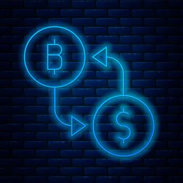 Glowing neon line Cryptocurrency exchange icon isolated on brick wall background Stock Illustration