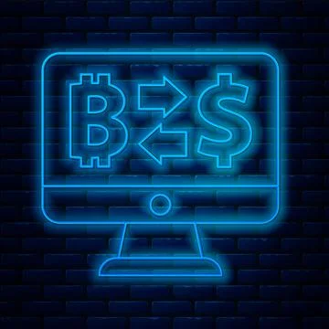 Glowing neon line Cryptocurrency exchange icon isolated on brick wall background Stock Illustration