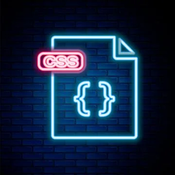 Glowing neon line CSS file document. Download css button icon isolated on brick Stock Illustration