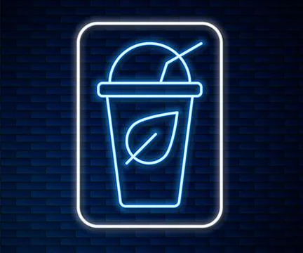 Glowing neon line Cup of tea with leaf icon isolated on brick wall backgrou.. Stock Illustration