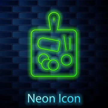 Glowing neon line Cutting board icon isolated on brick wall background. Chopping Stock Illustration