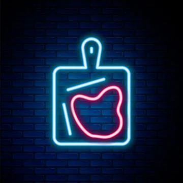 Glowing neon line Cutting board icon isolated on brick wall background. Chopping Stock Illustration