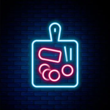 Glowing neon line Cutting board icon isolated on brick wall background. Chopping Stock Illustration