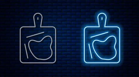 Glowing neon line Cutting board icon isolated on brick wall background. Chopping Stock Illustration