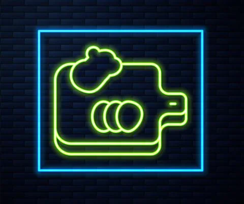 Glowing neon line Cutting board with vegetables icon isolated on brick wall Stock Illustration