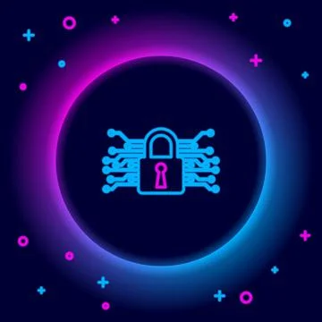Glowing neon line Cyber security icon isolated on black background. Closed Stock Illustration