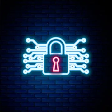 Glowing neon line Cyber security icon isolated on brick wall background. Closed Stock Illustration