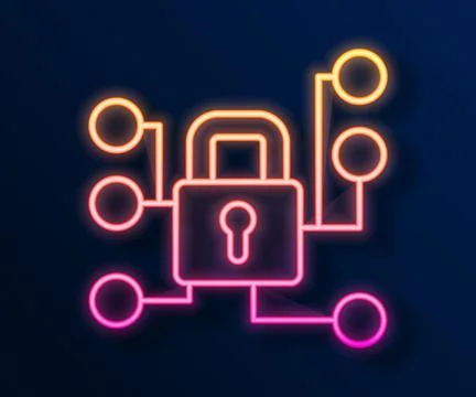 Glowing neon line Cyber security icon isolated on black background. Closed pa Stock Illustration
