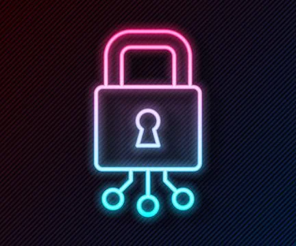 Glowing neon line Cyber security icon isolated on black background. Closed .. Stock Illustration
