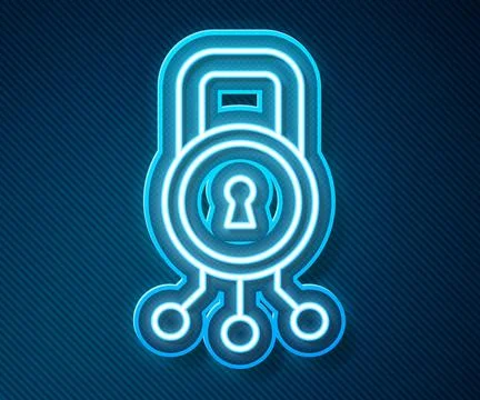 Glowing neon line Cyber security icon isolated on blue background. Closed p.. 스톡 일러스트