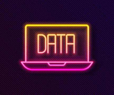 Glowing neon line Data analysis icon isolated on black background. Business d Illustrazione stock