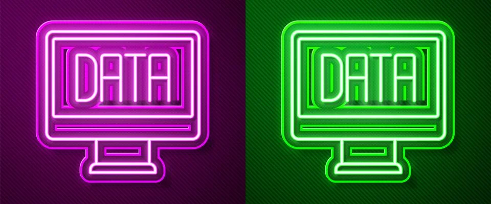 Glowing neon line Data analysis icon isolated on purple and green background Stock Illustration