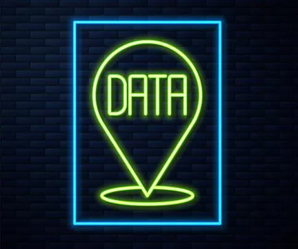 Glowing neon line Data analysis icon isolated on brick wall background. Business Stock Illustration