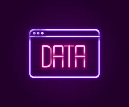 Glowing neon line Data analysis icon isolated on black background. Business d Illustrazione stock