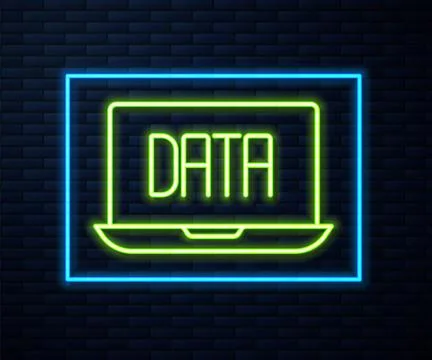 Glowing neon line Data analysis icon isolated on brick wall background. Busin Illustrazione stock