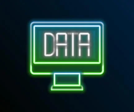 Glowing neon line Data analysis icon isolated on black background. Business.. Illustrazione stock