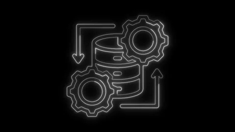 Glowing neon line data processing concept with arrow and setting icon, file proc Stock Footage 301682990
