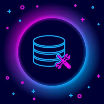 Glowing neon line Database server with screwdriver and wrench icon isolated on Stock Illustration