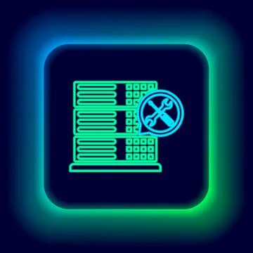 Glowing neon line Database server with screwdriver and wrench icon isolated on Illustrazione stock