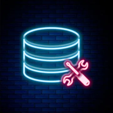 Glowing neon line Database server with screwdriver and wrench icon isolated on Stock Illustration