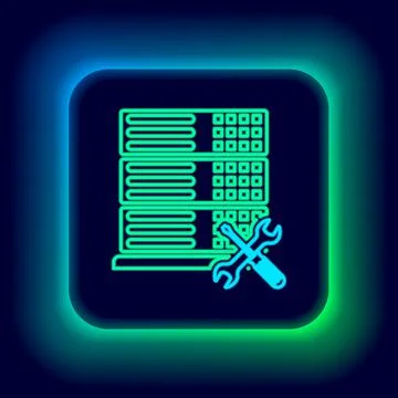 Glowing neon line Database server with screwdriver and wrench icon isolated on Stock Illustration