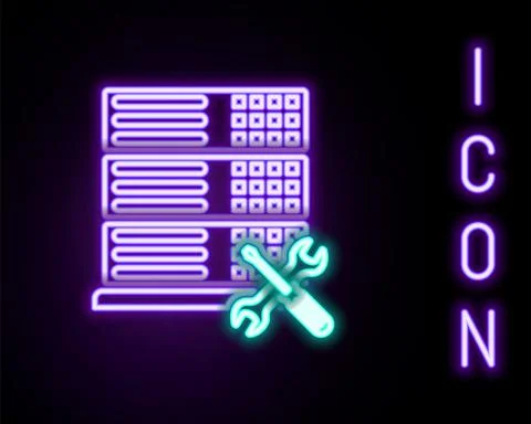 Glowing neon line Database server with screwdriver and wrench icon isolated on Stock Illustration