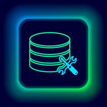 Glowing neon line Database server with screwdriver and wrench icon isolated on Stock Illustration