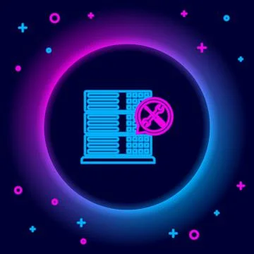 Glowing neon line Database server with screwdriver and wrench icon isolated on Illustrazione stock