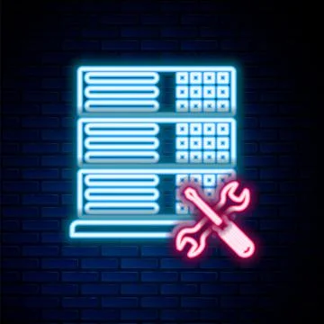 Glowing neon line Database server with screwdriver and wrench icon isolated on Stockillustratie