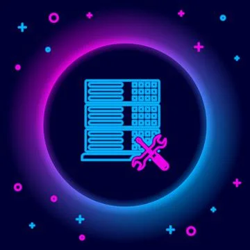 Glowing neon line Database server with screwdriver and wrench icon isolated on Illustrazione stock