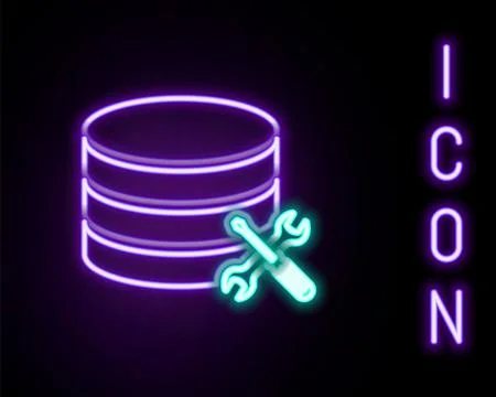 Glowing neon line Database server with screwdriver and wrench icon isolated.. Stock Illustration