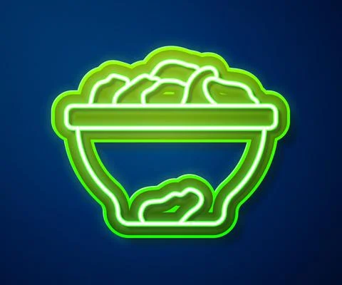 Glowing neon line Date fruit in bowl icon isolated on blue background. Vector 스톡 일러스트