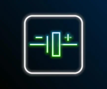 Glowing neon line DC voltage source icon isolated on black background. Colo.. Stock Illustration