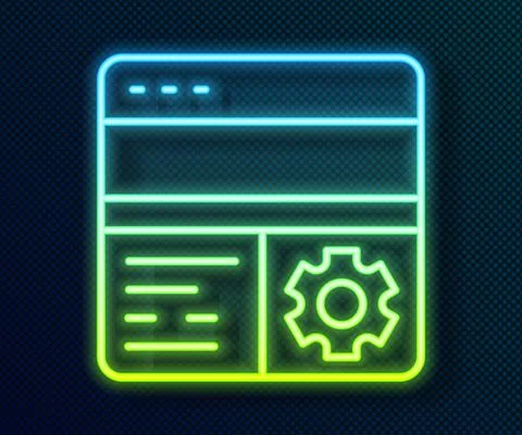Glowing neon line Debugging icon isolated on black background. Debugging tool Illustrazione stock