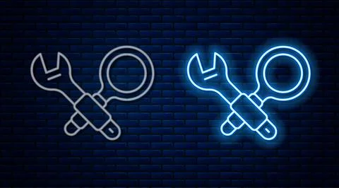 Glowing neon line Debugging icon isolated on brick wall background. Debugging Stock Illustration