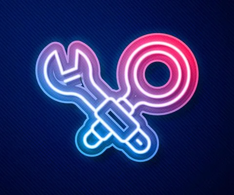 Glowing neon line Debugging icon isolated on blue background. Debugging tool Illustrazione stock