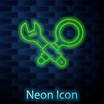 Glowing neon line Debugging icon isolated on brick wall background. Debugging Stock Illustration