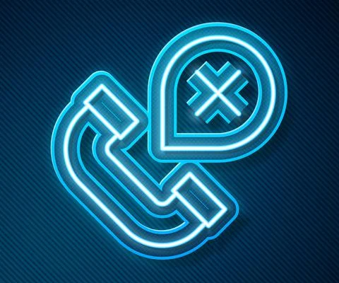 Glowing neon line Declined or missed phone call icon isolated on blue background Stock Illustration