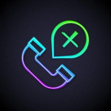 Glowing neon line Declined or missed phone call icon isolated on black Stock Illustration